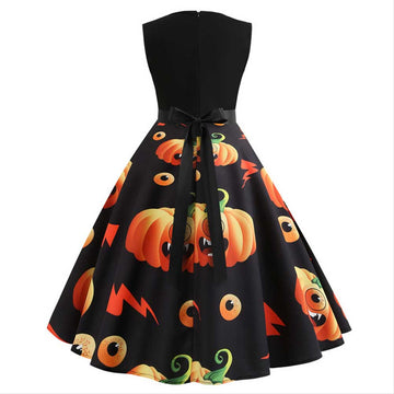 Halloween Navidad Retro Vestido sin Mangas Estampada de Calabazas Vestido para Adultos Femenino